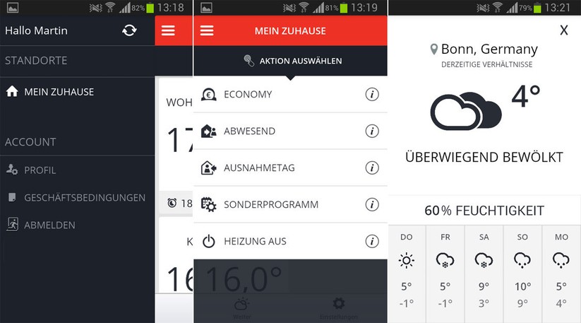 Neben den wichtigsten Einstellungen für das Heizsystem, bekommt man über die App das lokale Wetter angezeigt.