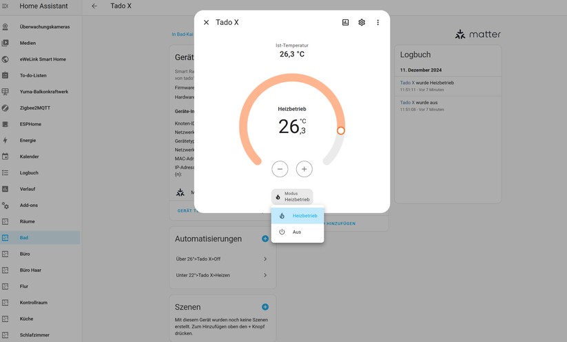 Auch unter Home Assistant funktioniert Tado X. Über Matter stehen allerdings nur wenige Funktionen zur Verfügung. Heizpläne lassen sich aber über Automatisierungen nachbilden. Und mit einem Tür-/Fenster-Sensor können Anwender eine deutlich effizientere Methode zur Fenster-Offen-Erkennung umsetzen als die auf einem Temperaturabfall basierende Methode in der Tado-App.