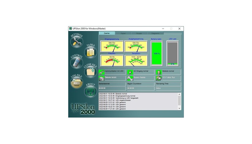 Mit der Software Upsilon 2000 lässt sich die Digitus-USV überwachen. Die angegebenen Daten sind jedoch mit Vorsicht zu genießen – etwa, was den Ladestatus des Akkus angeht.