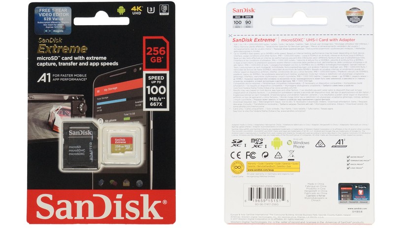 Der Lieferumfang der SanDisk Extreme 256 GByte. Unter der Karte sind die Seriennummern für die Software-Dreingaben. 