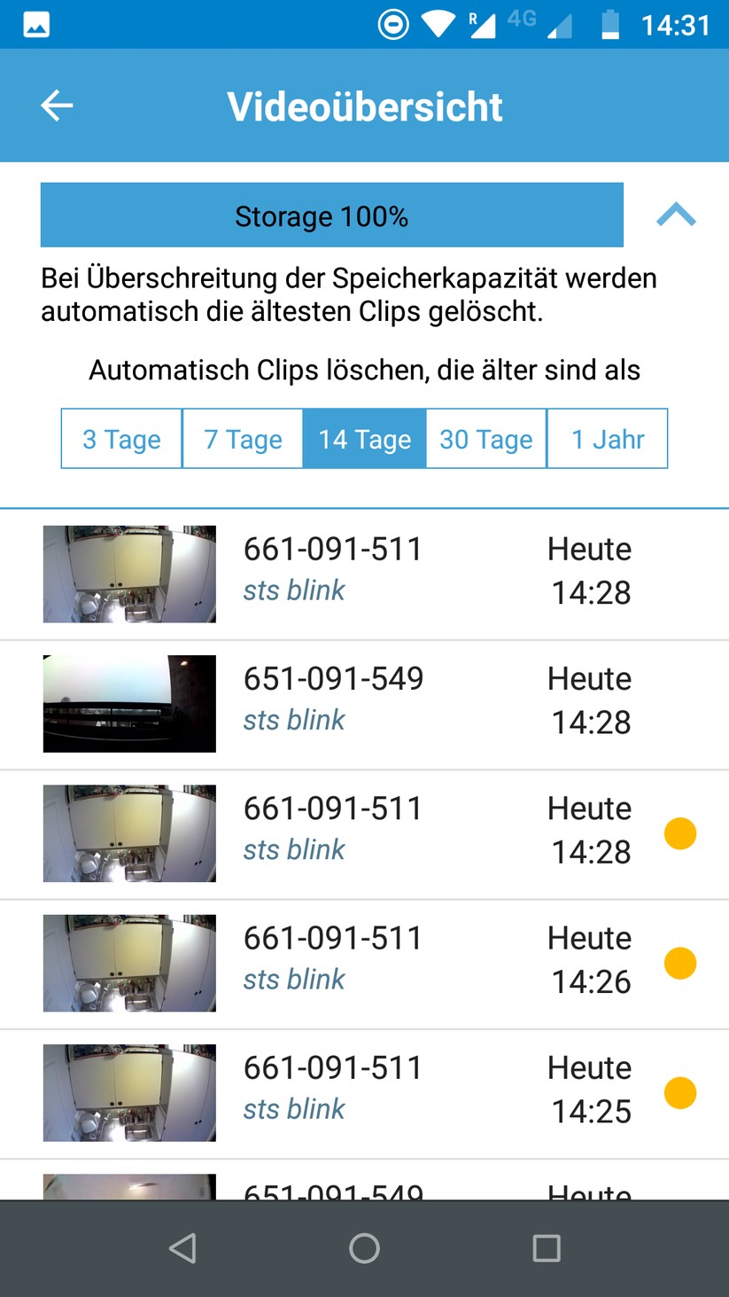 Bei häufigem Einsatz füllt sich der Cloudspeicher zügig. Mit automatischen Löschintervallen kann man die Zahl der Videos im Speicher begrenzen. Der gelbe Punkt weist auf noch nicht abgerufene Videos hin.