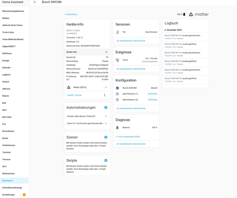 Dank Matter-Unterstützung lassen sich das Bosch-Heizkörperthermostat und der Tür-Fenster-Sensor direkt in Home Assistant einbinden. Die Heizpläne lassen sich mit Automatisierungen abbilden.