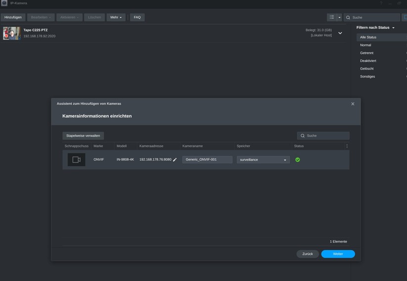 Die Integration in Synology Surveillance Station ist problemlos möglich.