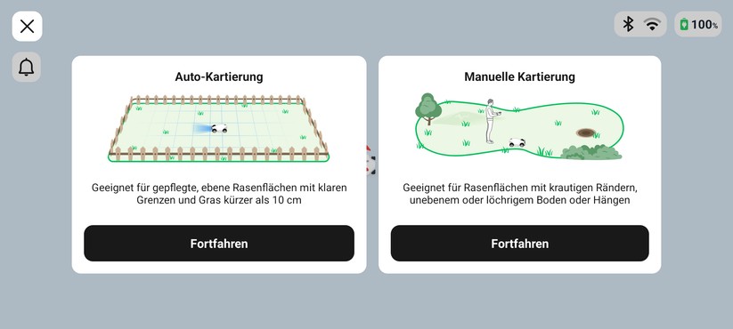 Wenn eine Rasenfläche klar abgegrenzt ist, bringt die automatische Kartierung brauchbare Ergebnisse. Die manuelle Kartierung sollte man dennoch bevorzugen, weil damit präzisere Karten erzeugt werden können. 