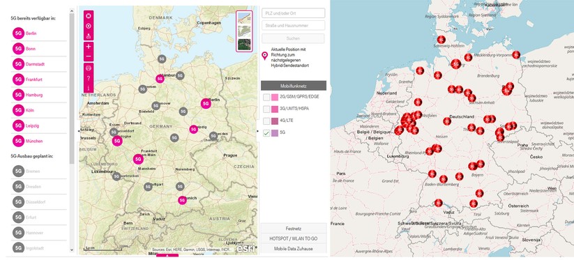 Die 5G-Netzabdeckung ist derzeit noch spärlich (links Telekom, rechts Vodafone)