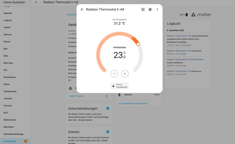 Dank Matter-Unterstützung lassen sich das Bosch-Heizkörperthermostat und der Tür-Fenster-Sensor direkt in Home Assistant einbinden. Die Heizpläne lassen sich mit Automatisierungen abbilden.