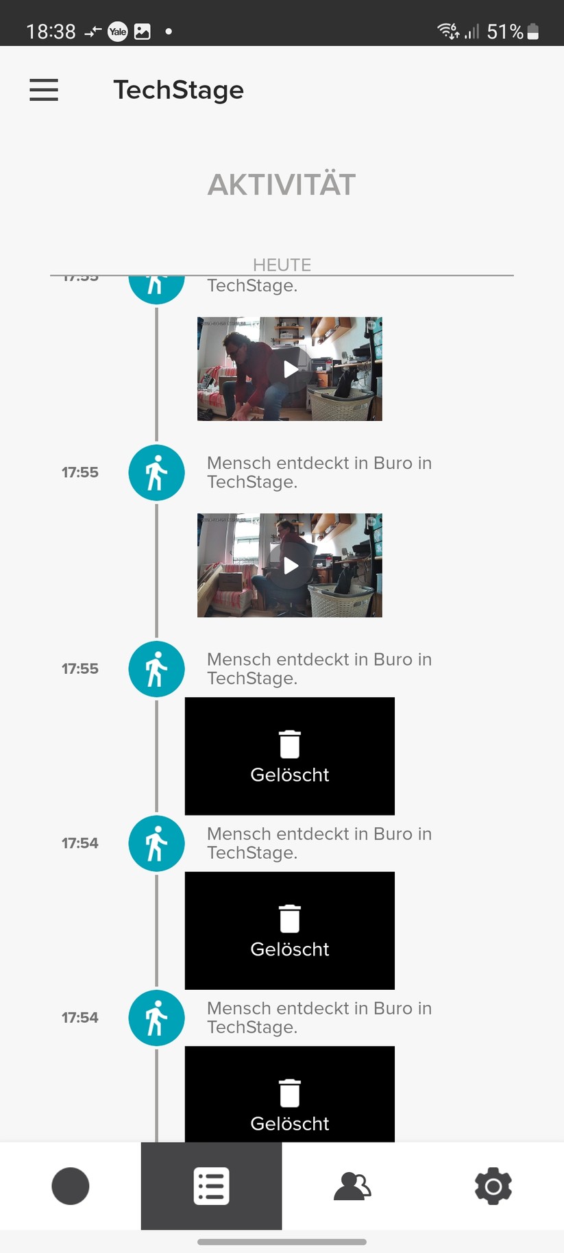Yale Smart Indoor Camera: Die App löscht wegen des knappen Speicherplatzes Videos relativ schnell. Leider geht sie dabei nicht chronologisch vor, sodass jüngere Videos gelöscht sind, ältere aber nicht. 