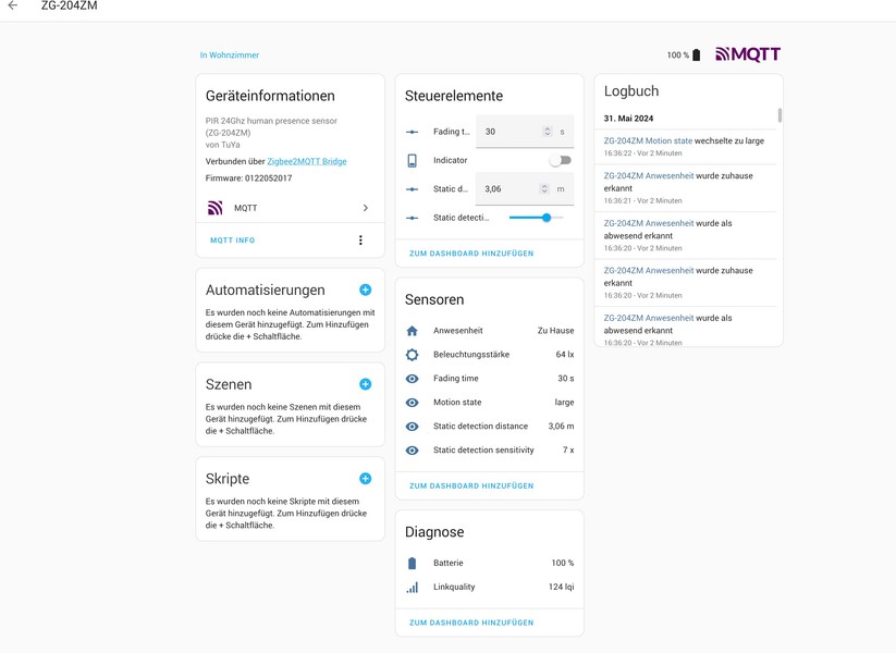 Erster batteriebetriebener Präsenssensor: Der Tuya ZG-204ZM wird unter Home Assistant vollständig erkannt.