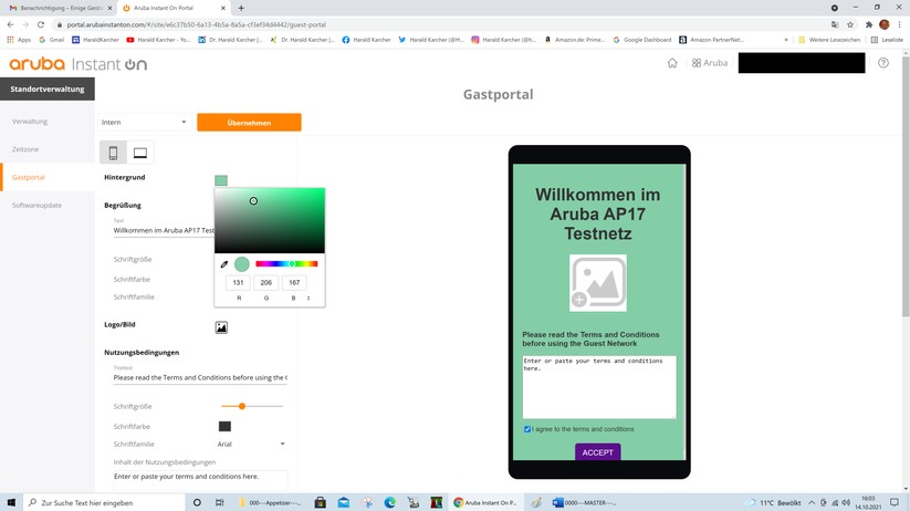 Die englische Begrüßung überschreiben wir durch den Satz: Willkommen im Aruba AP17 Testnetz. Den Hintergrund fürs Gastportal färben wir grün ein.