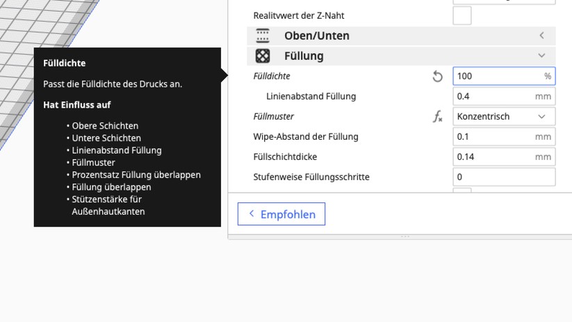 Für ein erfolgreiches Ergebnis muss die Fülldichte auf 100 Prozent eingestellt sein.