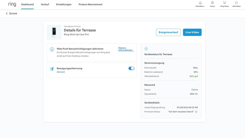 Ring Stick Up Cam Pro Akku: Neben der App können Anwender die Kamera auch per Browser steuern.