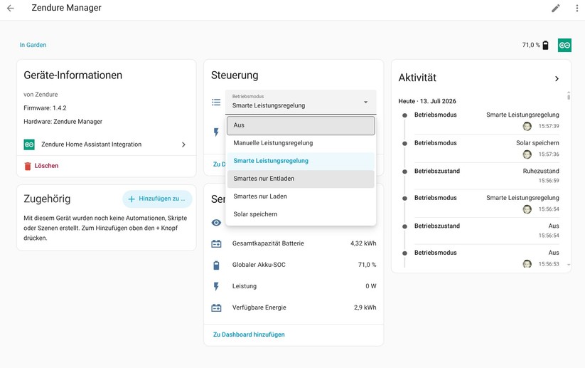 Mit der offiziellen Zendure-Integration für Home Assistant kann man den Speicher über den Zendure-Manager lokal steuern.