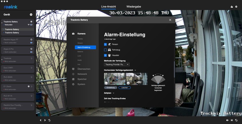 Reolink Trackmix Akku: App-Oberfläche und Beispiel-Bilder
