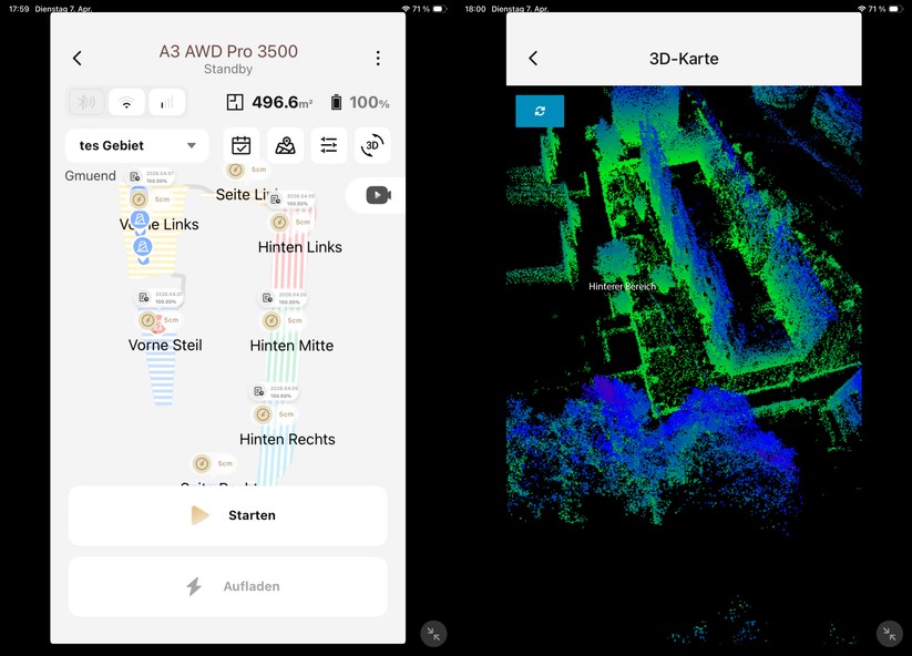Die Dreame-App ist leider nicht für Tablets optimiert. Die Kartenansicht ist daher nicht optimal. Dafür gibt es eine Option, die die 3D-Karte auf Basis des LiDAR-Scanners zeigt.