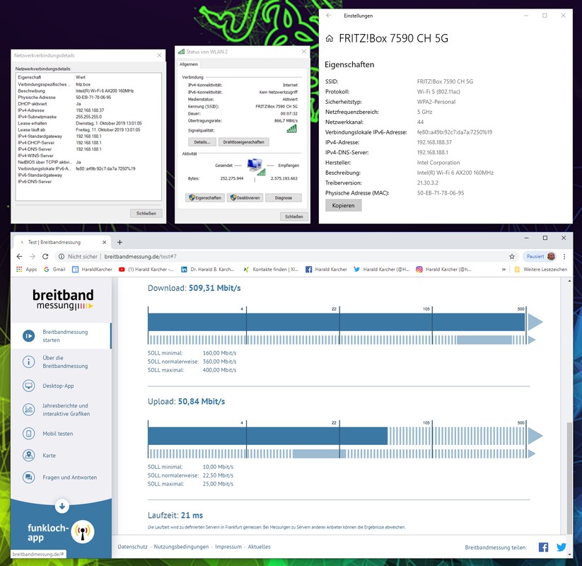 Die 11ac-Fritzbox 7590 aus 2017 verbindet sich bei nominal 866 Mbps Brutto mit dem neuen Intel Wifi-6-Modul aus 2019 im Razer Blade 15. Das Gespann holt alle Reserven aus dem Kabel 500 Internet Anschluss heraus (Bild: Harald Karcher).
