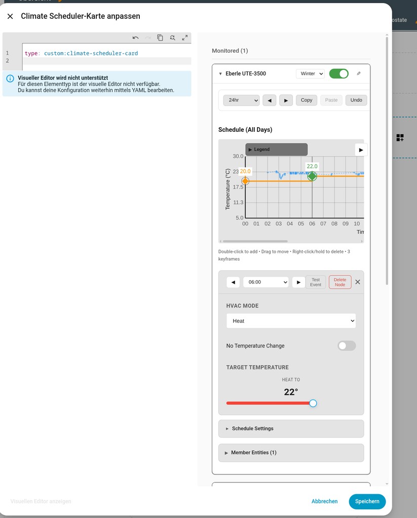 Dank Matter lässt sich das Eberle UTE-3500 einfach in Home Assistant integrieren. Allerdings stellt es nicht so viele Entitäten bereit. Immerhin wird der Wärmebedarf angezeigt, der angibt, mit welcher Intensität das Thermostat Heizwärme anfordert; bei 88 % ist das Ventil im 20-Minuten-PWM-Zyklus fast durchgehend geöffnet.