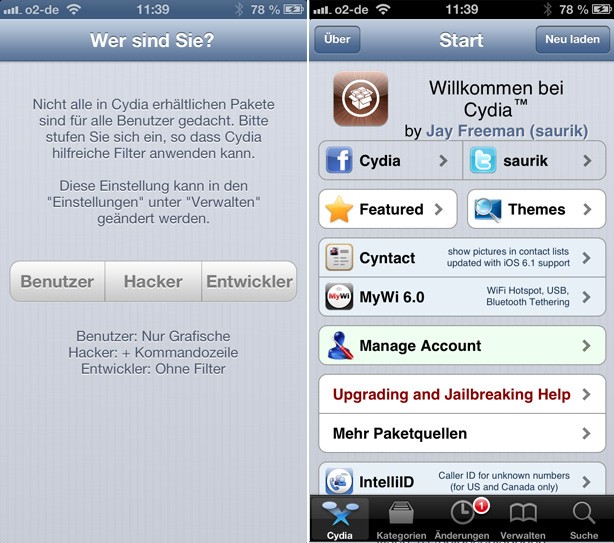 Beim ersten Start von Cydia bietet der alternative App-Store einen Filter an: Wer hier angibt, Benutzer zu sein, bekommt weniger Apps zu sehen als jemand, der in den Tiefen des iOS-Betriebssystems herumprogrammieren möchte. Üblicherweise reicht die Auswahl Benutzer aus. Im Übrigen lässt sich diese Einstellung jederzeit ändern.