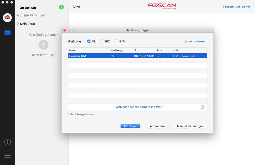 Foscam C5M 3K: Für die Steuerung der Überwachungskamera gibt es auch eine Desktop-Anwendung. Außerdem können Anwender dank Onvif-Support die C5M 3K auch mit Synology Surveillance Station betreiben und in Smart-Home-Zentralen wie Home Assistant einbinden.