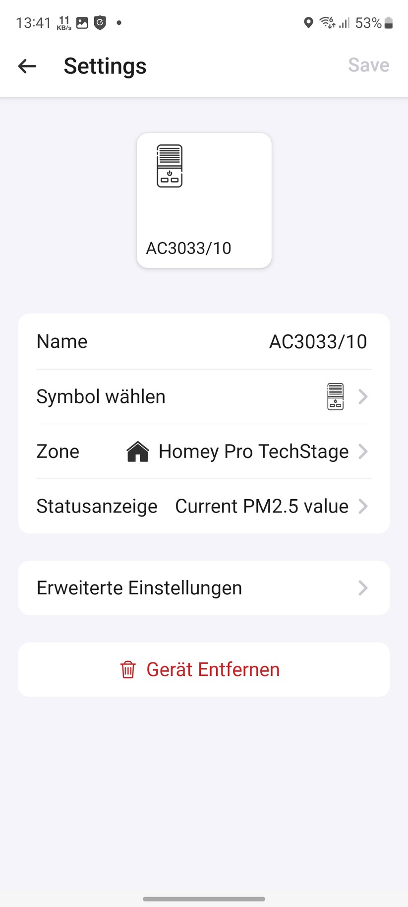 Philips AC3033/10: Koppelung mit Homey Pro und Luftgütesensor Air-Q