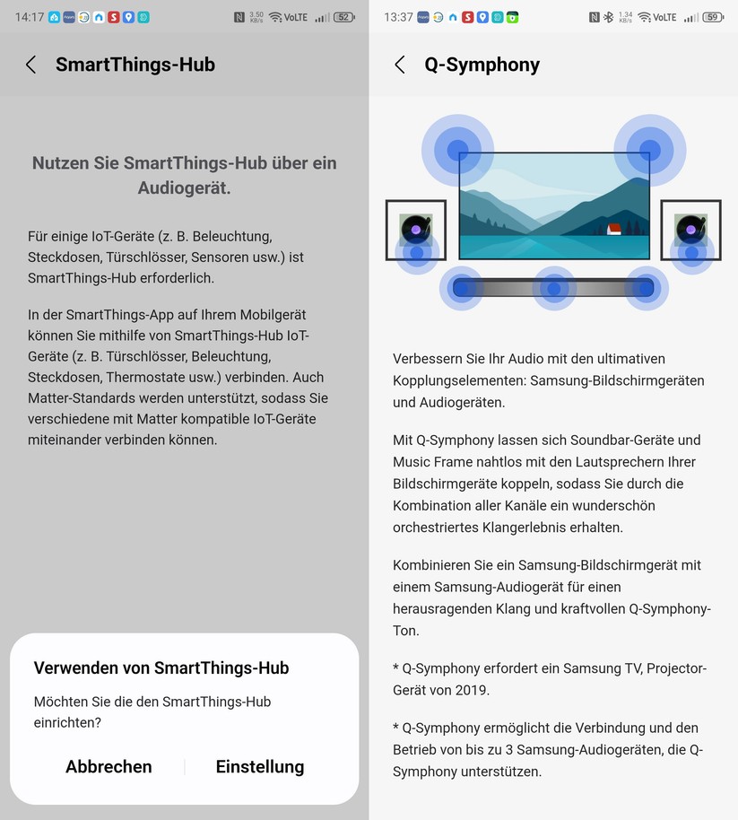 Die Samsung-Soundbar HW-Q990F kann mit dem integrierten Smartthings-Hub auch Smart-Home-Geräte steuern und mit Q-Symphony die Lautsprecher von bestimmten Samsung-TVs zur Erweiterung der Soundausgabe verwenden.
