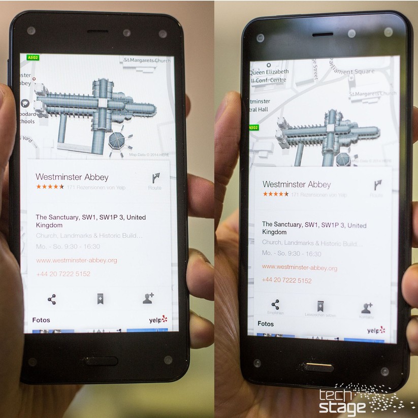 Kippt man das Fire Phone ein wenig zur Seite, so tauchen Zusatzinformationen auf. Leider hätte man diese häufig – wie hier die Beschreibungen der Buttons – auch einfach von vorneherein einblenden können.