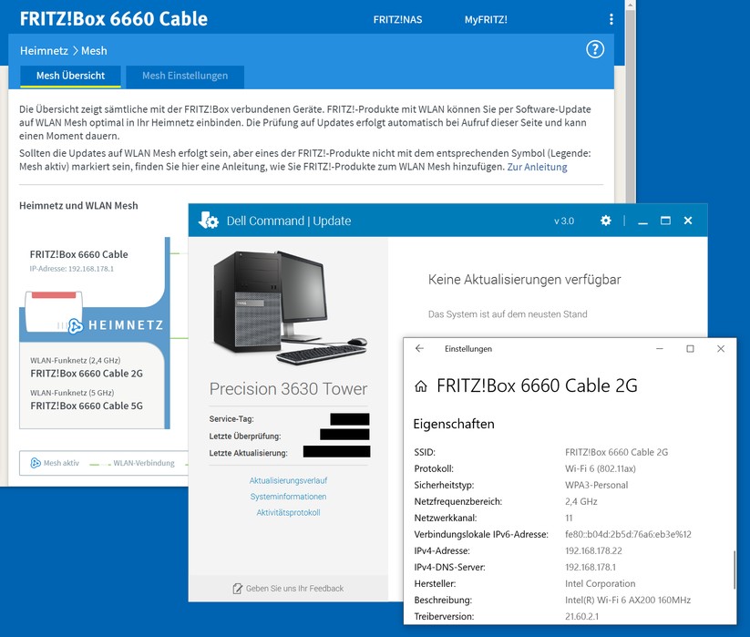 Der Wifi-6-getunte Dell-Tower-PC hat sich sofort mit der AVM Fritzbox 6660 Cable verstanden. Hier im Bild auch gleich mit dem jüngsten WPA3-Sicherheitsstandard (Bild: Harald Karcher).
