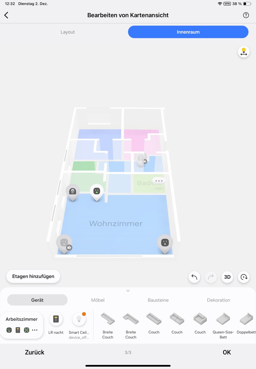 Die Smartthings App ist nicht nur für Smartphones, sondern auch für Tablets optimiert. Gerade die hübsche 3D-Darstellung, die die App mithilfe eines Grundrissplans erzeugt, sieht erst auf dem Tablet oder am Desktop richtig gut aus. 