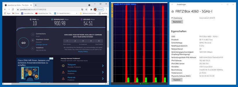 Beim ersten Kabel-1000-Test verbinden wir den 11ax-Dell-Rechner über 5-GHz-1-WLAN mit der 4060 und bekommen: