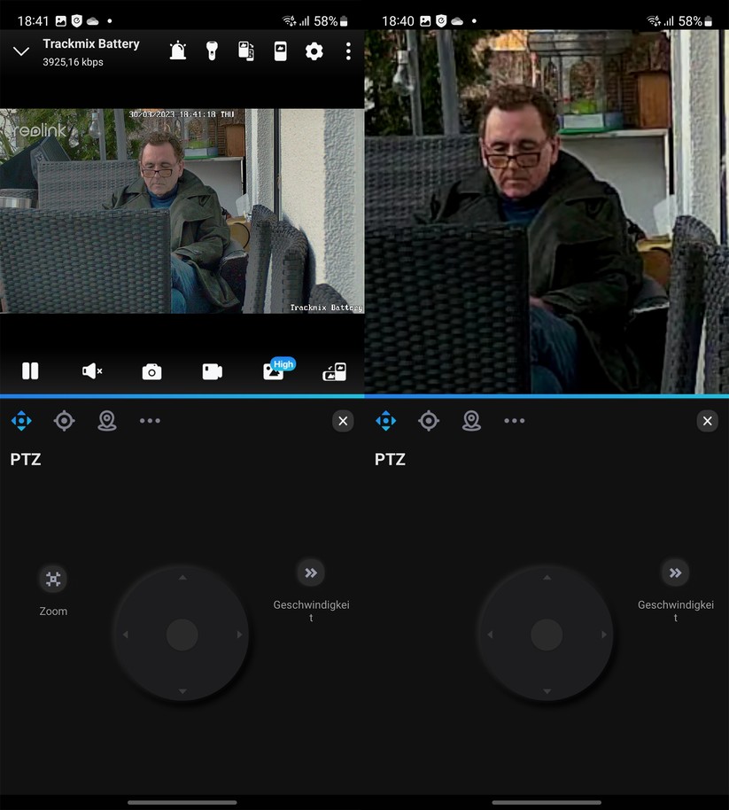 Reolink Trackmix Akku: Der optische Zoom der zweiten Linse bietet eine deutlich bessere Darstellung als die digitale Vergrößerung der Hauptkamera.