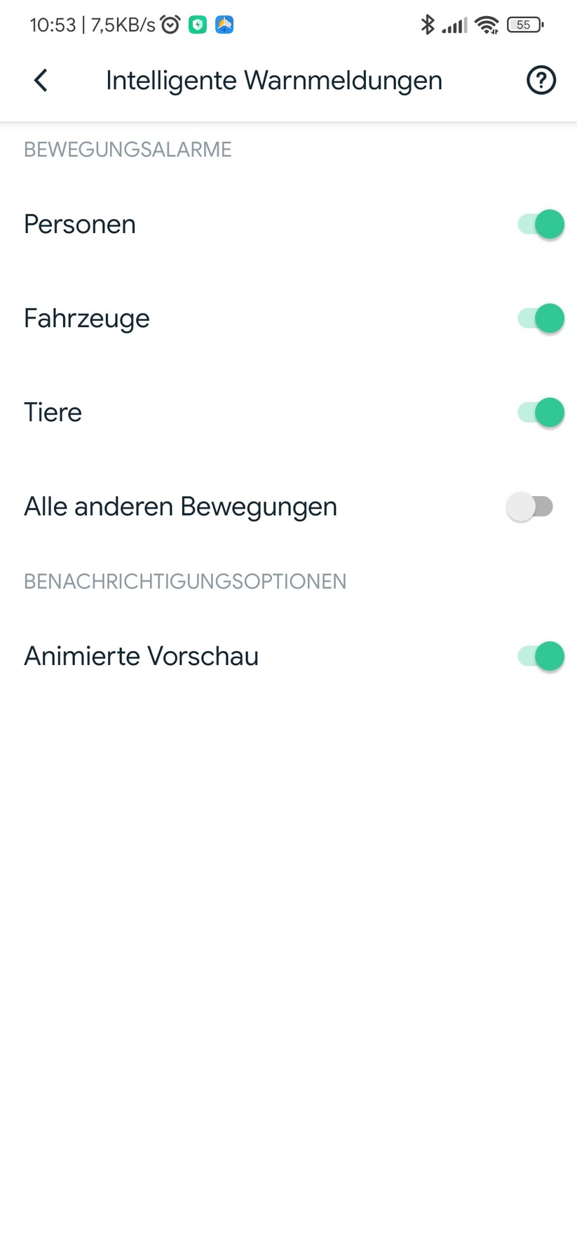 Die Deaktivierung von „Allen anderen Bewegungen“ sorgt für weniger Fehlalarme.