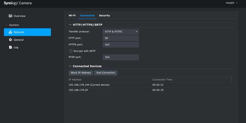 Die CC400W bietet auch einen Zugriff per Browser. Dort kann man sie auch auf Onvif umstellen, um sie etwa mit Hoem Assistant zu steuern. Allerdings steht sie in diesem Fall nicht mehr unter Synology Surveillance Station zur Verfügung, respektive die Einbindung per Onvif führt dort zu Verbindungsabbrüchen. 