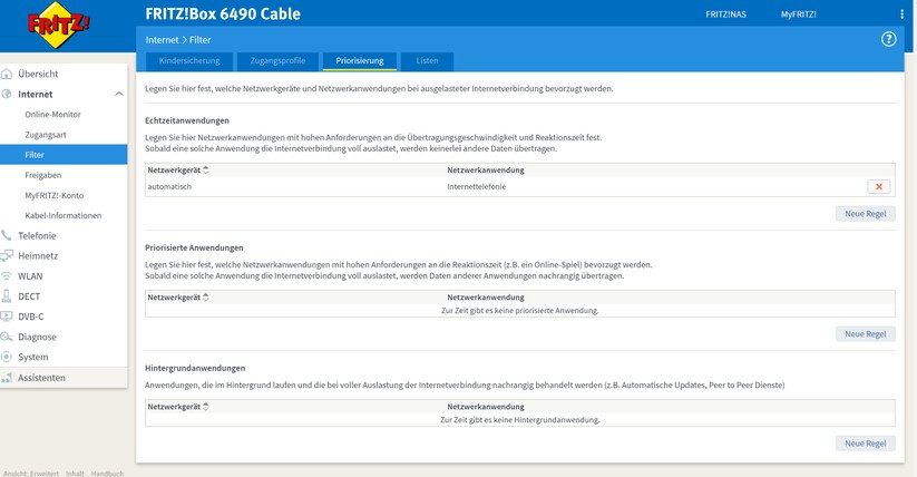 Die Priorisierung in der Fritzbox. Sie ist nicht umfangreich, aber man sollte zumindest Internettelefonie nach oben drehen. 