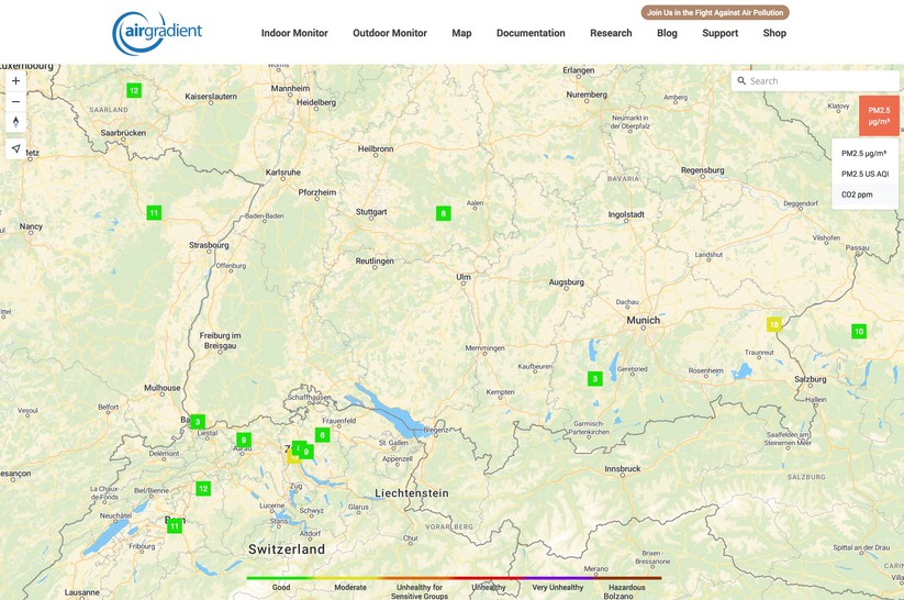 Air Gradient Open Air: Web-Dashboard und Landkarte mit Messwerten 