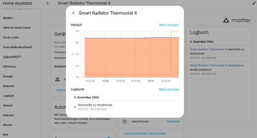 Auch unter Home Assistant funktioniert Tado X. Über Matter stehen allerdings nur wenige Funktionen zur Verfügung. Heizpläne lassen sich aber über Automatisierungen nachbilden. Und mit einem Tür-/Fenster-Sensor können Anwender eine deutlich effizientere Methode zur Fenster-Offen-Erkennung umsetzen als die auf einem Temperaturabfall basierende Methode in der Tado-App.