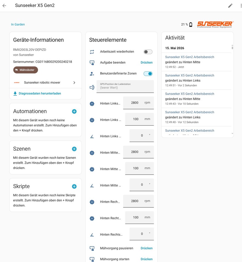 Die Community-Integration für Home Assistant informiert detailliert über die Betriebsparameter, inklusive Real-Time-Karten, Mähfortschritt, Akkuverbrauch et cetera.