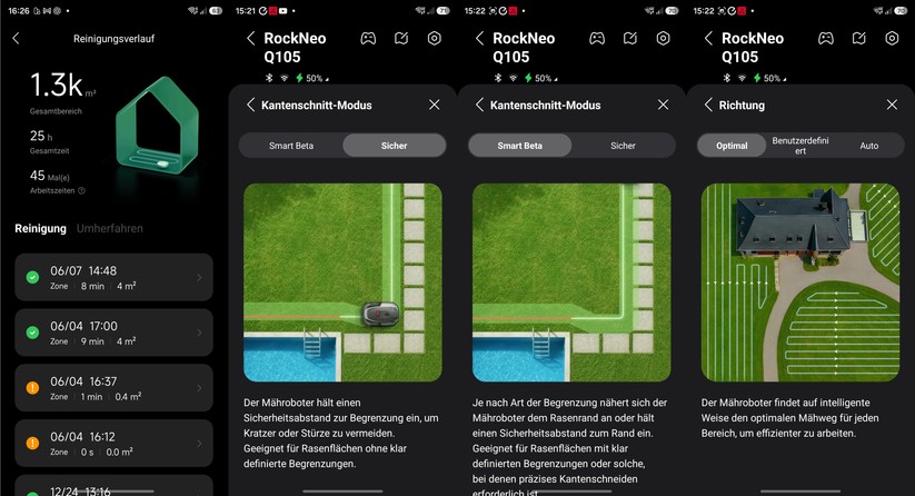 Die Roborock-App erlaubt die Anpassung der Mährichtung und bietet verschiedene Optionen für das Randmähen. Trotz allem lässt der Roborock aber relativ viel Rasen am Rand stehen.