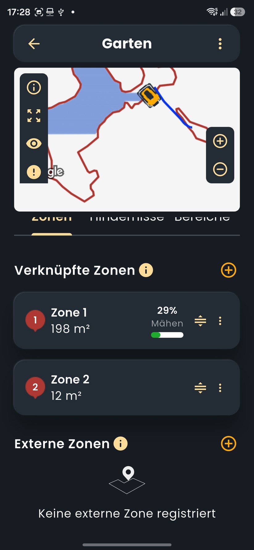 Der Funktionsumfang der App ist recht groß. Der A 6v verwaltet bis zu zehn Mähbereiche, zusätzlich sind bis zu 50 Sperrzonen vorgesehen. In der App lassen sich virtuelle Grenzen, Transferwege und Ausschlussbereiche anlegen.