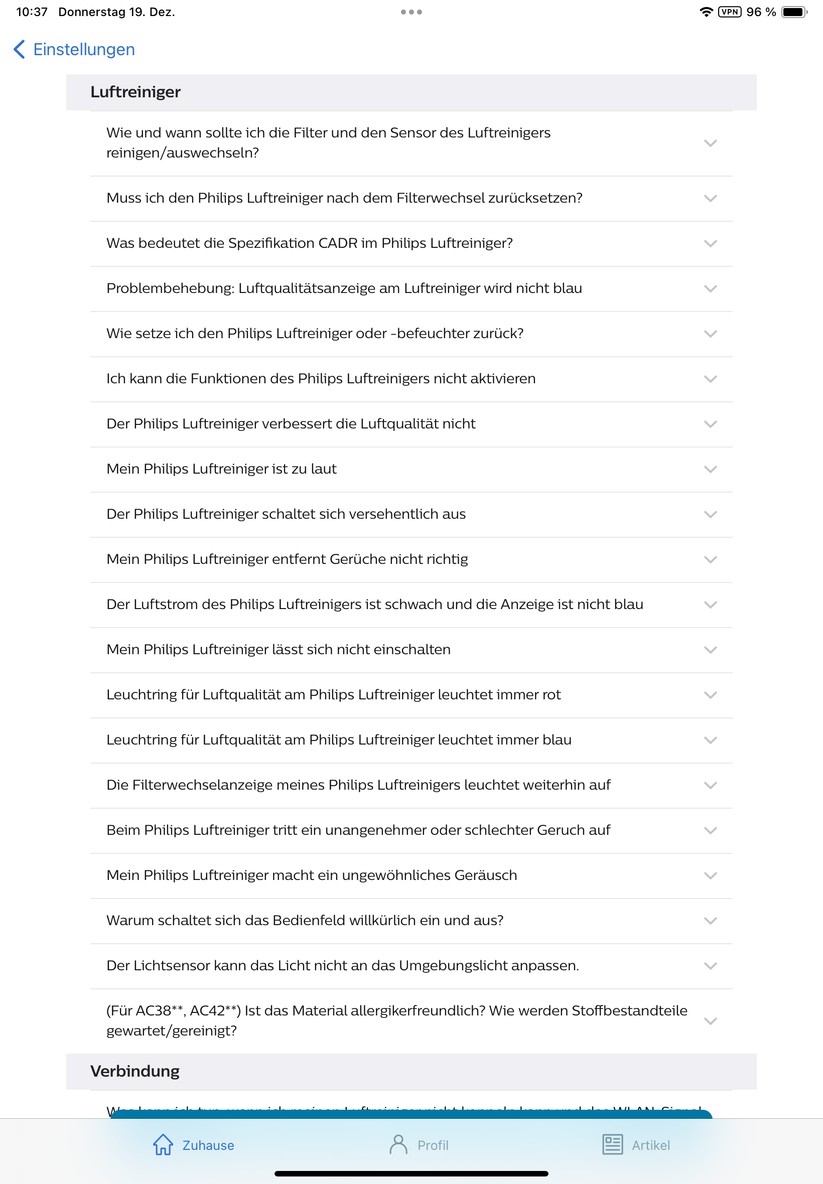 Mit der App Air+ können Anwender den Philips-Lufteiniger nicht nur einfach steuern und Zeitpläne anlegen. Sie bietet auch Informationen zur Funktionsweise des Geräts und zur Luftqualität. Außerdem integriert sie das Benutzerhandbuch und erläutert die Vorgehensweise für Reinigung und Austausch der Filter. 