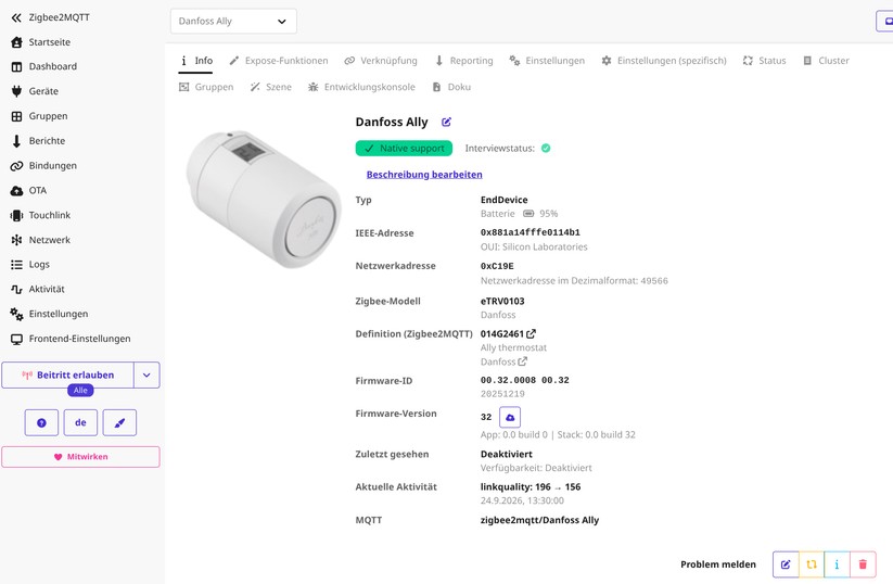 In Home Assistant zeigt das Danfoss Ally seine wahre Stärke: Über 30 Entitäten ermöglichen tiefe Einblicke und präzise Steuerung, während Community-Blueprints die Gateway-Funktionalität nachbilden – eine Flexibilität, die die Hersteller-App schmerzlich vermissen lässt.
