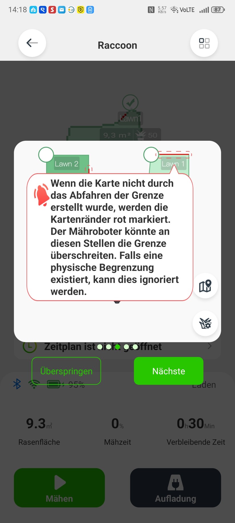 Im zweiten Test-Garten, der von festen Begrenzungen und einer Terrasse mit Steinplatten umgeben ist, funktioniert das Auto-Mapping einwandfrei.