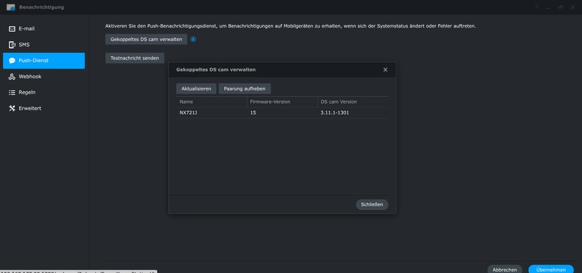 Synology CC400W: Benachrichtigungen sind über verschiedene Wege wie E-Mail, Push, Webhooks und SMS möglich.