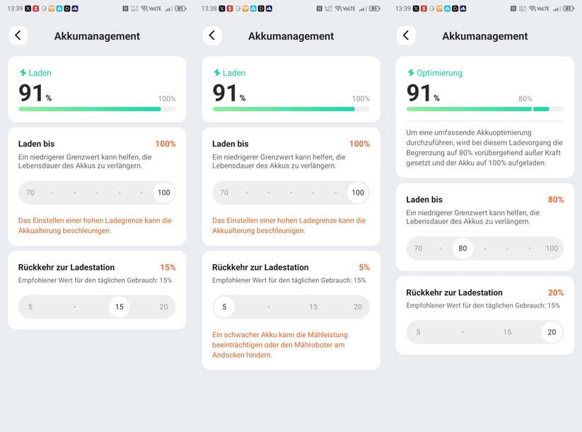 Die Navimow-App erlaubt die Einstellung von unterer und oberer Ladegrenze. Standardmäßig liegen diese bei 15 % und 100 %. Für eine längere Betriebsdauer setzt man die untere auf 5 % und für eine längere Akku-Lebensdauer stellt man 20% und 80 % ein.