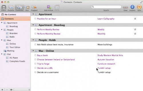 Im Interface sind alle Aufgaben sortiert und kategorisiert. Mit einem Klick lässt sich die Ansicht von Projekten auf Kontext wechseln – und umgekehrt.
