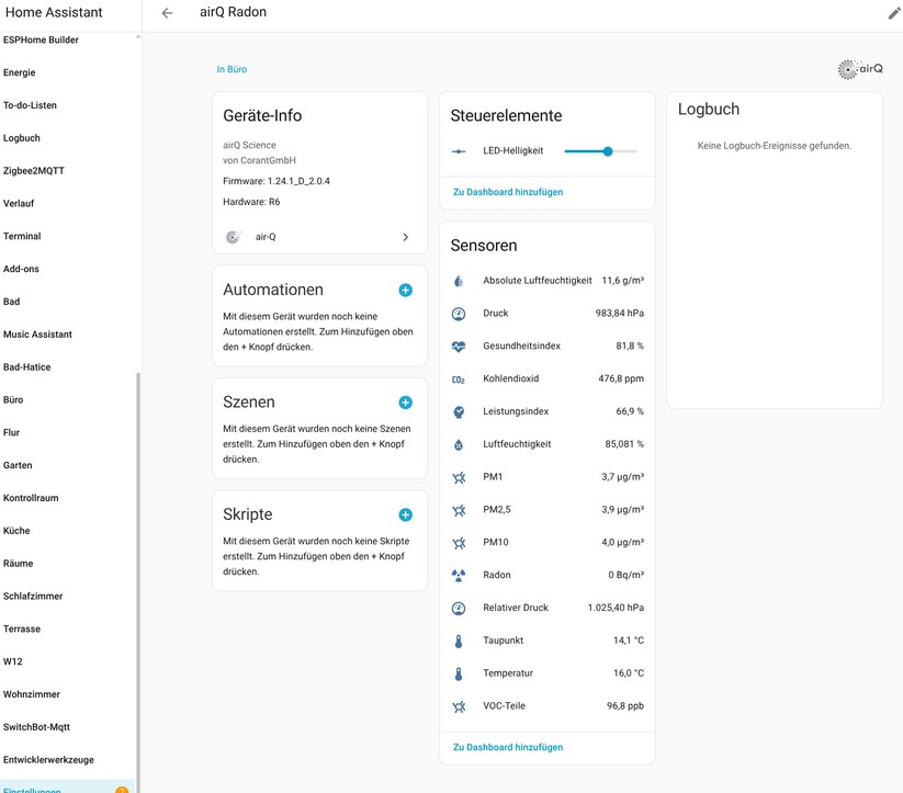Dank einer Integration für Home Assistant steht der Air-Q Radon auch unter dem beliebten Smart-Home-System für Automatisierungen zur Verfügung. Mittels Dashboards lassen sich Daten bequem auswerten.