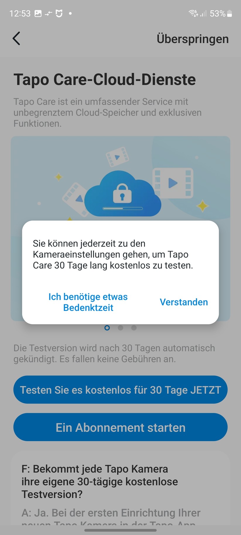 TP-Link C425: Das Set-up der Überwachungskamera erfolgt mit der Tapo-App, für die allerdings ein Konto erforderlich ist. Die App informiert dabei nicht nur die Funktionen der C425, sondern gibt auch Tipps zum Aufstellort.