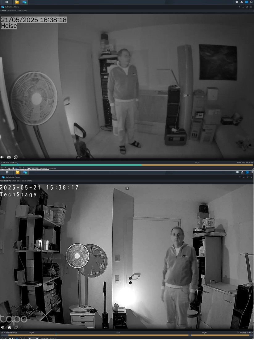 Nachts sind die Aufnahmen der CC400W unscharf, mit wenigen Details (oben). Der TP-Link Tapo C225 (unten) gelingen im Vergleich deutlich bessere Aufnahmen.