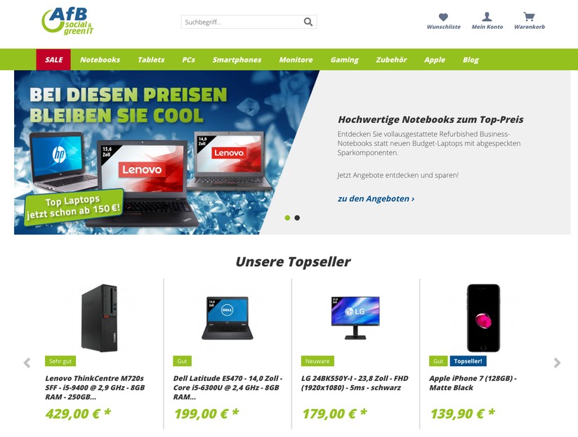 Der AFB-Shop bietet von Notebook bis Smartphone eine gute Auswahl. Unter den iPhones gibt es vor allem ältere Modelle.