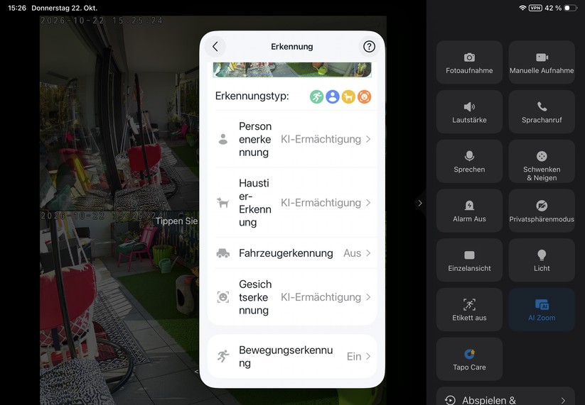 Die Tapo-App ist auch für Tablets optimiert. Sie reagiert zügig und stellt den Kamerastream nahezu verzögerungsfrei dar.