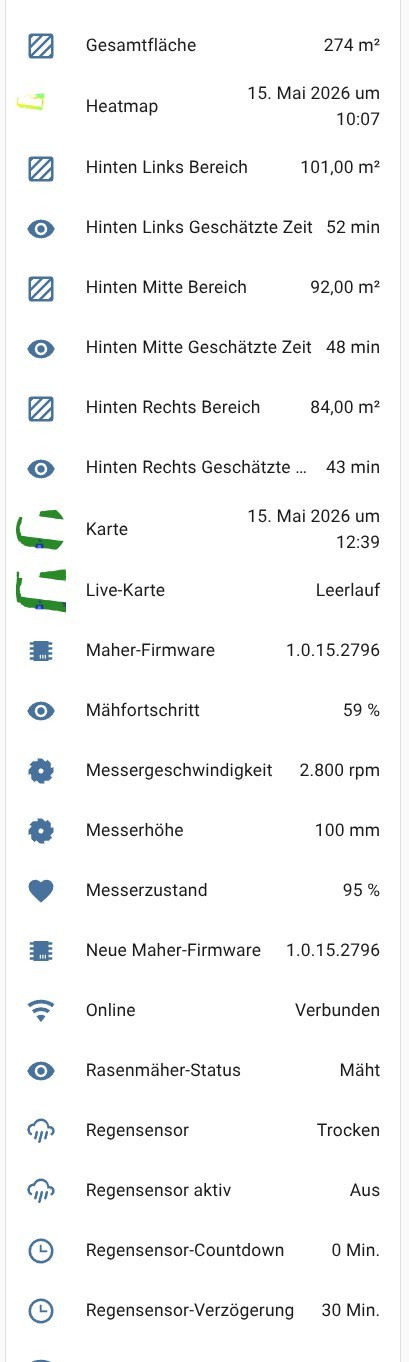 Die Community-Integration für Home Assistant informiert detailliert über die Betriebsparameter, inklusive Real-Time-Karten, Mähfortschritt, Akkuverbrauch et cetera.