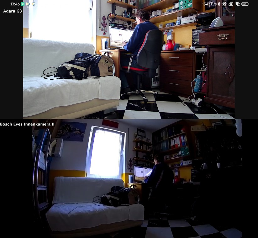 Bosch Eyes Innenkamera II: Mit Gegenlicht kommt die Bosch nicht so gut klar wie die Aqara G3. Die Aufnahme ist relativ dunkel.